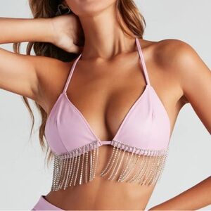 NWT Pink Faux Leather Halter Bikini Top with Rhinestone Fringe